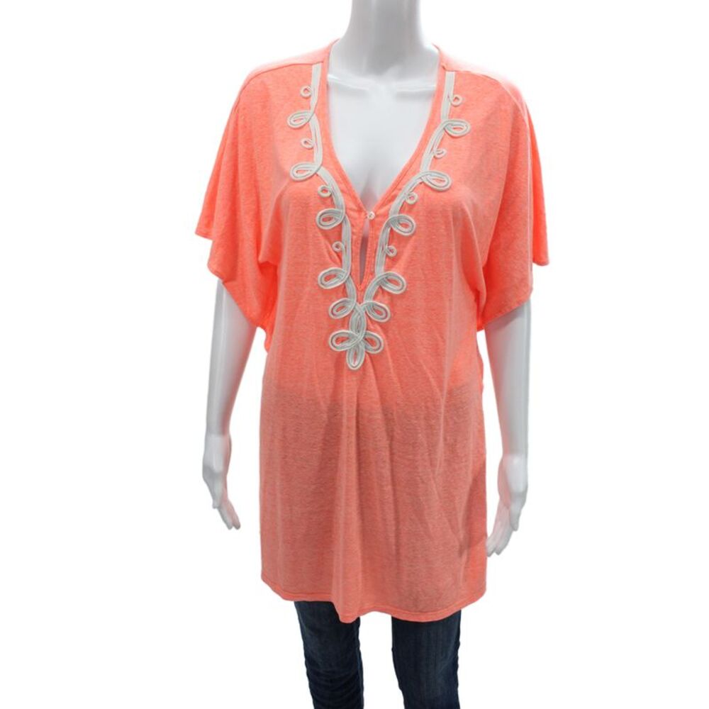 Lilly Pulitzer Womens Orange V-Neck Tunic Blouse Short Sleeve Size XS